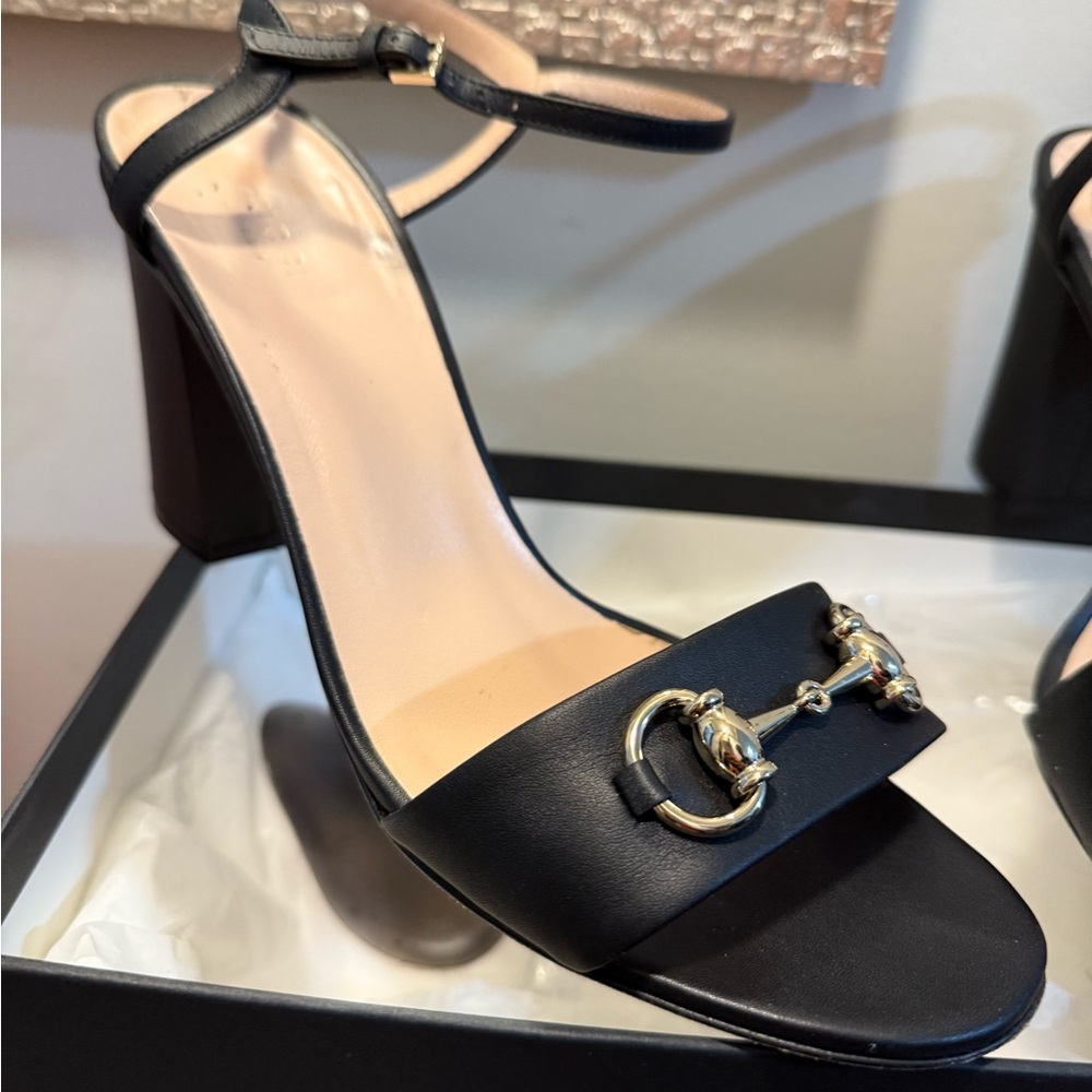 Gucci Black Heeled Sandals with Gold Horsebit accent - Picture 3 of 11